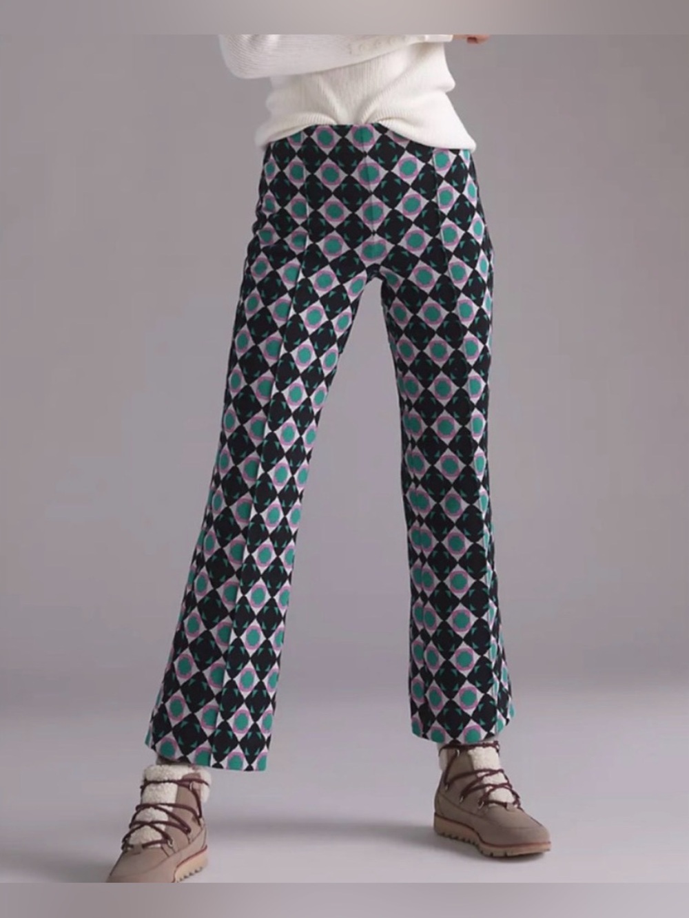 Maeve The Margot Kick-Flare Cropped Pants Geometric Black Pink Teal M
